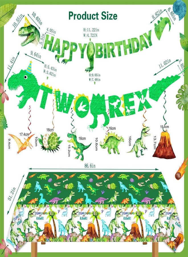 BIGKEOKI Two Rex Birthday Decorations Boy Watercolor Dinosaur 2nd Bday Party Plates Napkins Cups Tablecloth Hanging Swirls Banner Straws Forks for Dinosaur 2nd Bday Decor Party Supplies - Image 3